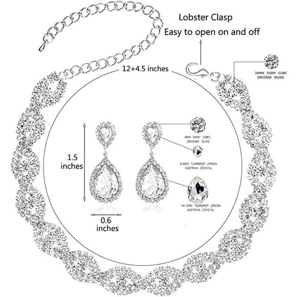Sliver Crystal Necklace Set CZ Cubic Rhinestone Necklace Bracelet Earrings Set - Picture 4 of 4